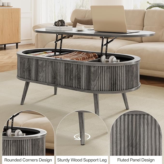 Mid Century Oval Coffee Table, Fluted Center Table with Lift Top, Modern Dining Table with Storage for Living Room Home Office, 39.4", Gray