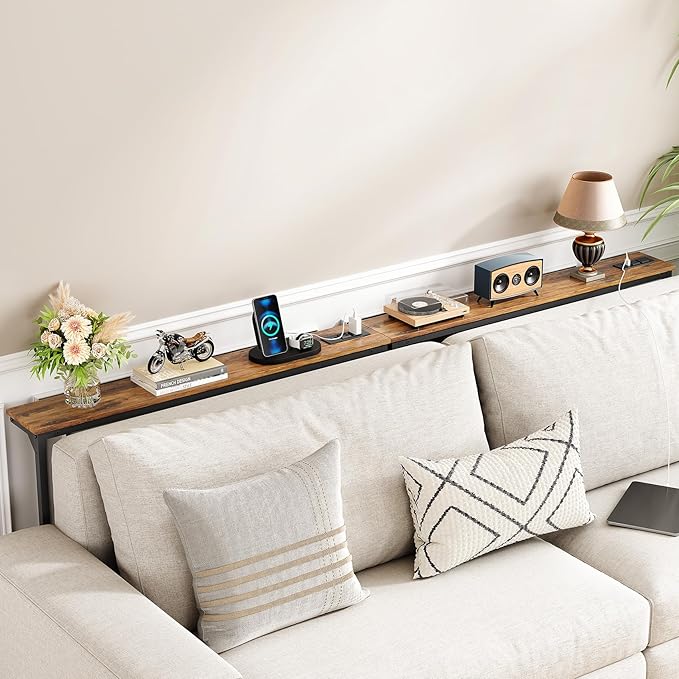 Kitstorack 2-Pack Narrow Console Table with Adjustable Height (25"-33") & 2 Power Outlets, Skinny Behind Couch Table, 79" Long x 5.9" Wide Sofa Side Table for Living Room, Rustic Brown