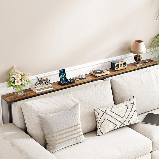 Kitstorack Narrow Console Table Behind Sofa Couch, Design with Adjustable Height (25"-33") & Power Outlets, Small Entryway Table - 5.9" D x39.4 L, Rustic Brown