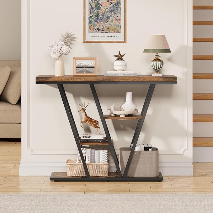 POZILAN 41.3" Console Table for Entryway, 4-Tier Sofa Entryway Table, Narrow Side Tables with Storage Shelves, Farmhouse Accent Hallway Tables for Living Room, Foyer, Entrance, Rustic Brown