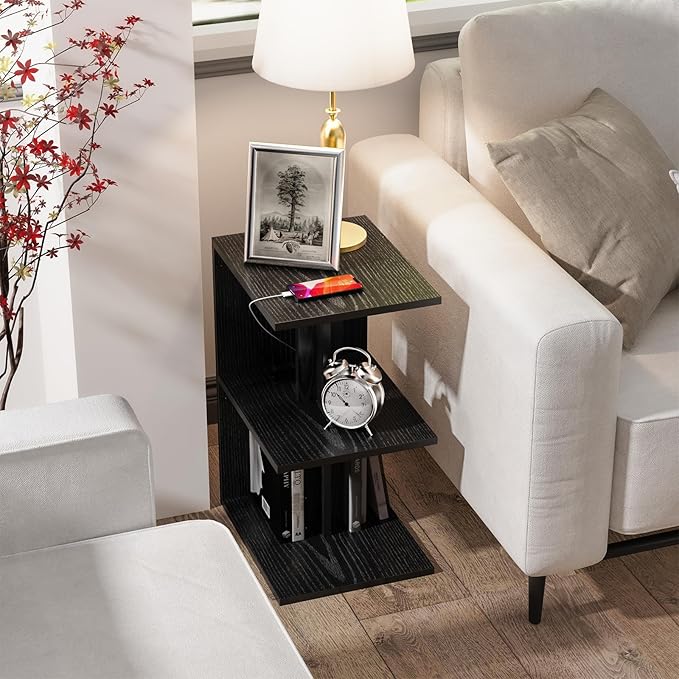 Night Stand with Charging Station, Small Side Table for Couch, USB Ports and Outlet, End Table with 3-Layer Storage Shelves for Small Spaces, Living Room, Bedroom, Bedside (Black)