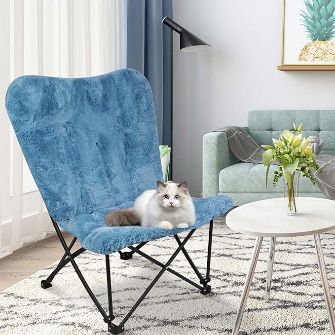 Extra Large Faux Fur Foldable Butterfly Chair (Lake Blue)