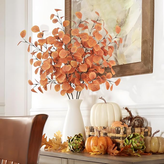 16Pcs Artificial Eucalyptus Leaves Stems 33.8‘’ Eucalyptus Branches Fake Poinsettia Flowers Faux Plants for Home Table Fireplace Party Wedding Thanksgiving Décor