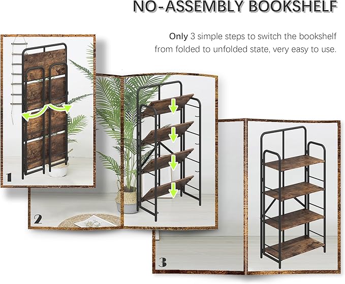 4NM No Assembly Folding Bookshelf, 4 Tiers Collapsible Book Shelves Open Industrial Foldable Storage Bookcase Shelf for Bedroom, Living Room, Home Office - Rustic Brown and Black