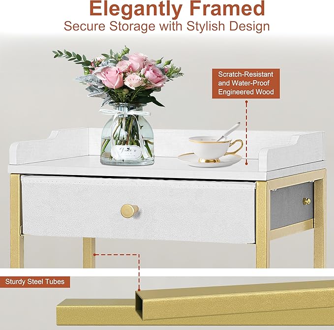 Small Side Table with Storage Basket, Narrow End Table with Drawer, 4-Tier Bathroom Storage Shelves with Optional Wheels, Tall Nightstand for Dorm, Living Room, Bedroom, Gold & White