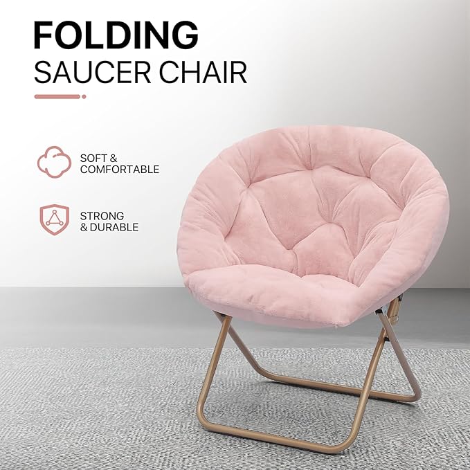 Athena Collection Comfy Saucer Chair Folding Cozy Chair for Bed Room Living Room Accent Chair Faux Fur Reading Chair Foldable Metal Frame Lazy Chair Moon Chair for Adult, Pink