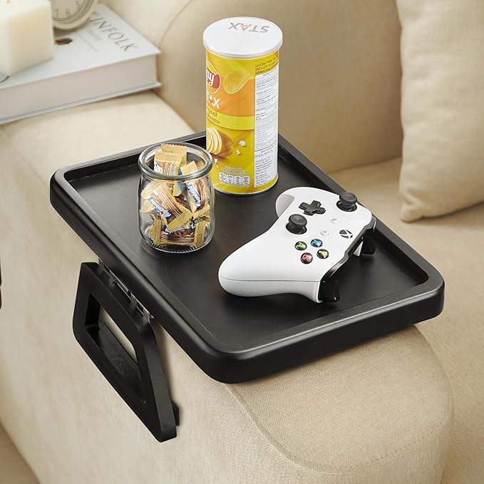 Tinamo Acacia Sofa Arm Tray, Rectangle Couch Armrest Table - Couch Accessories, Armchair Caddy, Clip on Tray for Home Sofa Living Room, Sofa Arm Table (Black, 13.75" D x 9.5" W x 1" H)