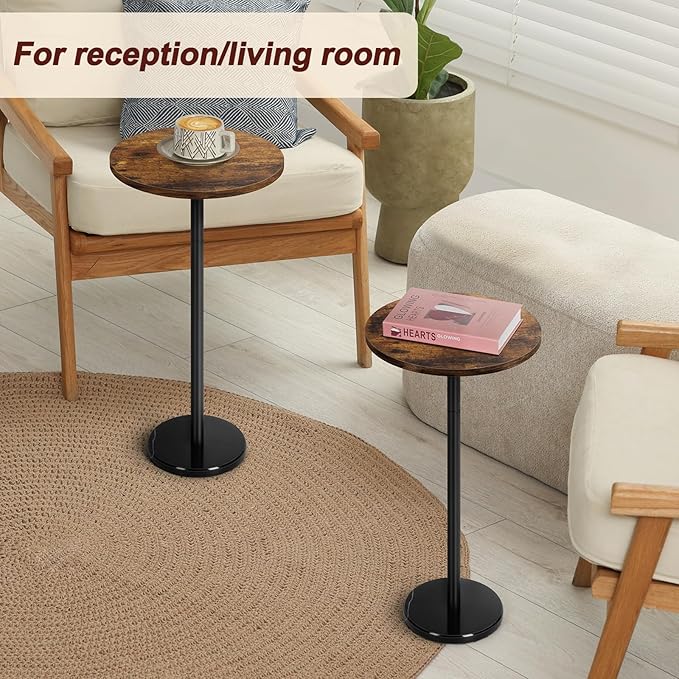 smusei Set of 2 Small Side Table for Small Spaces 2 Packs Drink Table Round Pedestal Side Tables with Marble Base for Sofa Couch Chair Patio, Brown and Black