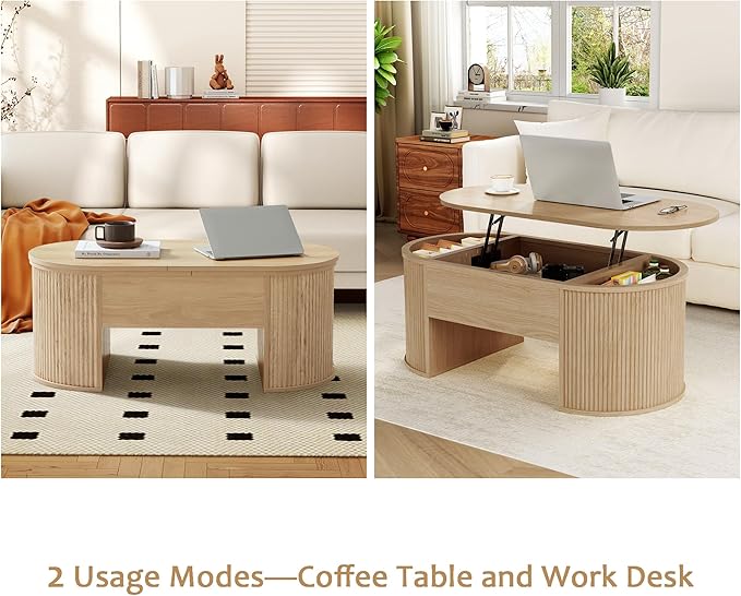 ORRD Lift Top Coffee Table, Fluted Coffee Table with Lifting Top, Wooden Lift Up Dining Table with Hidden Compartment, Center Table for Living Room, Office - Oak
