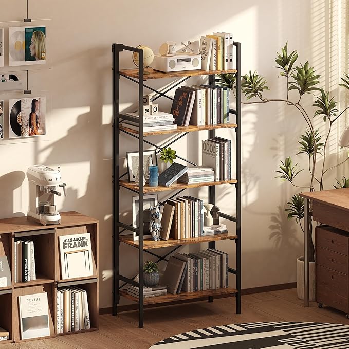 Folding Bookshelf,5 Tier Bookcase Foldable Shelf with X-Bracket Design, Adjustable Feet, Space Saving Storage for Living Room, Office, Rustic Brown