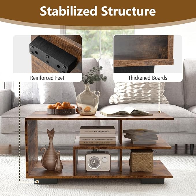 COSTWAY Mid Century Modern Coffee Table with Storage Shelves, 36 Inch 3-Tier Rectangular Wooden Tea Table, Accent Center Table for Living Room Apartment Reception, Rustic Brown