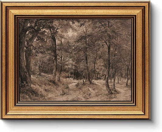 HUARCEY Gold Framed Vintage Wall Art for Living Room Nature Painting Prints Shelf Decor for Kitchen Aesthetic Bedroom Wall Art Gifts Charcoal Landscape Home Decor Farmhouse Path Forest Canvas Artwork