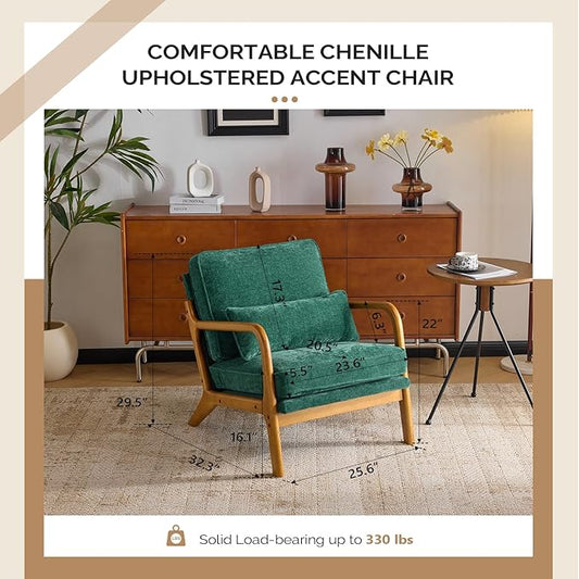 VINGLI Chenille Mid-Century Modern Accent Chair, Cute Reading Arm Chair with Cushion & Lumbar Pillow & Solid Wood Frame for Lounge, Living Room, Reading Room, Bedroom, Forest-Green