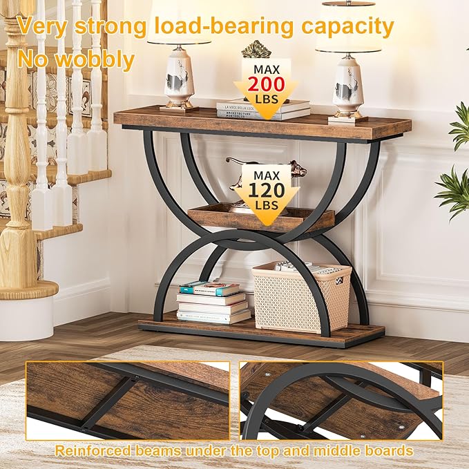 Snughome Entryway Table, 39.4" Console Table, 3-Tier Industrial Sofa Table Behind Couch Accent Table, 200 LBS Load Tabletop, Easy Assembly, for Hallway, Living Room, Foyer, Rustic Brown