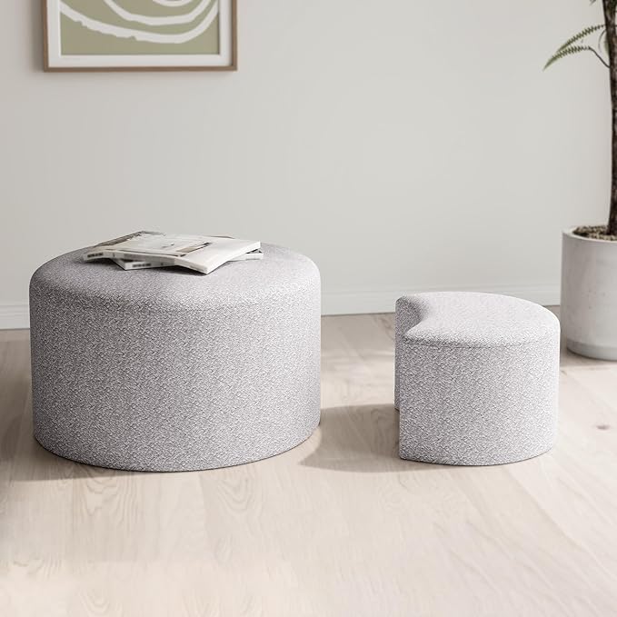 WILLIAMSPACE Upholstered Nesting Coffee Table Set of 2, Round Fabric Coffee Tables, Modern Side Tables Accent End Table Footrest Ottoman for Living Room Apartment (Beige Fabric)