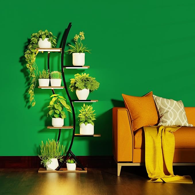 Indoor Plant Shelf Featuring Grow Lamp, 60.24" High 7-Tier Exhibition Unit, S-Curve Corner Design for Floral and Foliage Showcase in Living Area, Patio, Balcony Décor