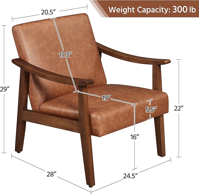 Yaheetech PU Leather Accent Chair, Mid-Century Modern Armchair with Solid Wood Legs, Reading Leisure Chair with High Back for Living Room Bedroom Waiting Room, Brown