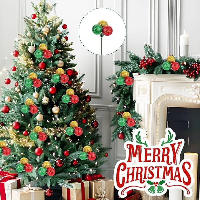 12 Pcs Christmas Tree Ball Ornaments Christmas Ball Picks for Xmas Tree Wreath Garland Vase Stairs Decoration Home Decor (Gold, Green, Red)