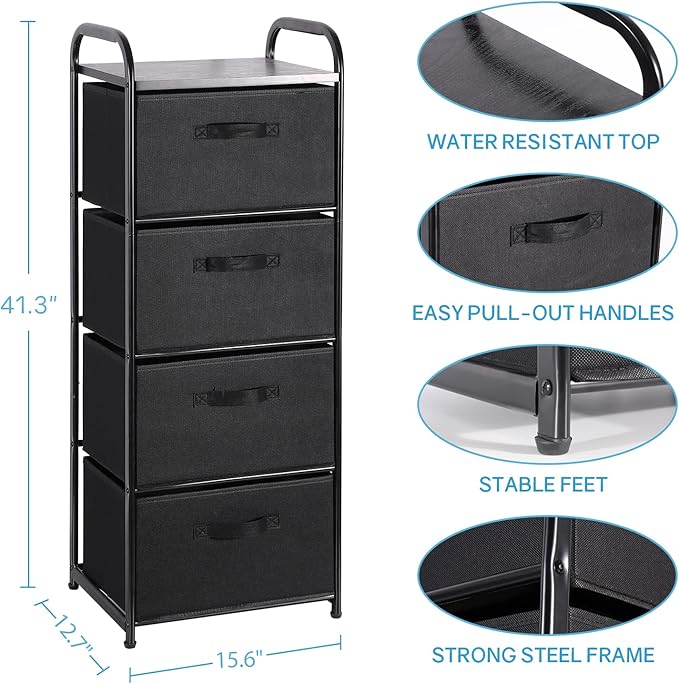 MAX Houser 4 Drawer Fabric Dresser Tall Storage Tower, Dresser Chest with Wood Top, Vertical Nightstand Side Organizer Unit with Metal Frame for Closets Bedroom Nursery Room Hallway(Black)