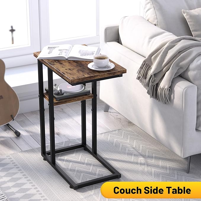 C Shaped End Table with Metal Frame, 2 Tier Sturdy C Table Side Table for Couch Sofa Bedside Small Space, C Snack Table TV Tray Record Player Stand Small Tables for Living Room Bedroom, Rustic Brown