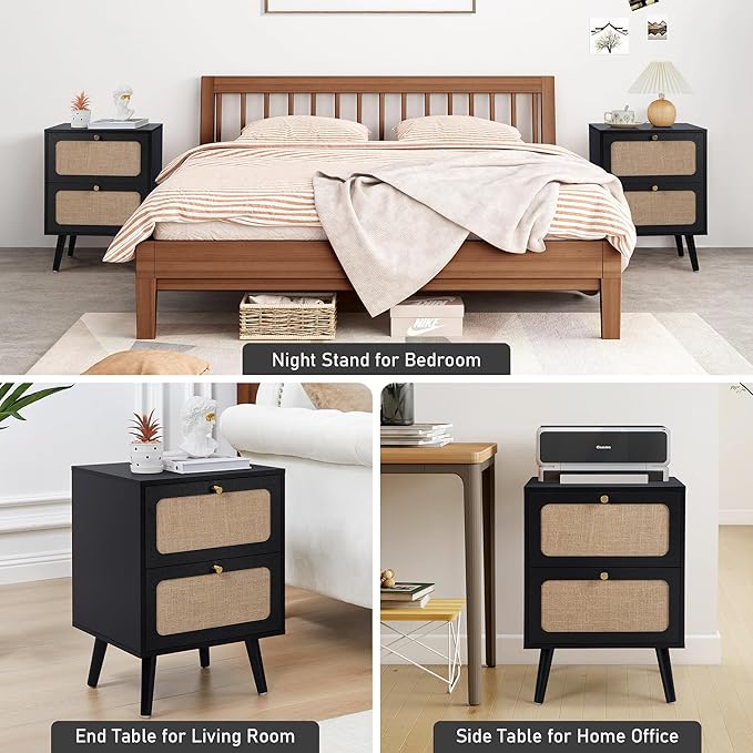 16" Wood Nightstand Set of 2, Farmhouse End Table with 2 Storage Drawer, Modern Bedside Table with Linen Decor, Minimalist Night Stand for Living Room, Bedroom & Small Space (Black)
