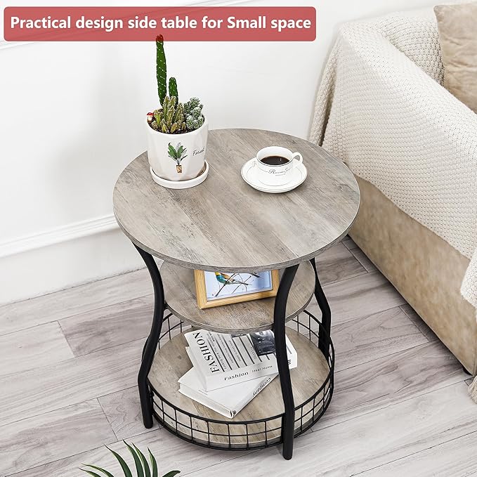 Small Side Table Round End Table with Storage Shelves Basket, 3-Tier Accent Corner Sofa Couch Side Tables Coffee Drink Table for Small Spaces,Round Nightstand for Living Room, Bedroom, Greige