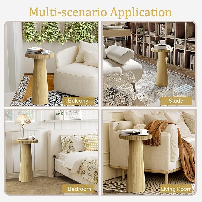 Small Side Table, Wood End Table with Fluted Pedestal Base, Round Drink Table for Small Spaces, Modern Accent Table for Living Room, Bedroom or Sofa Side (1, Oak)