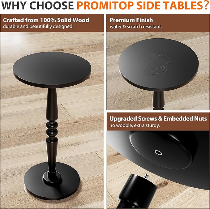 Round Side Table for Livingroom, Bedroom - Small Accent End Table Nightstand with Solid Wood Top and Pedestal Leg - Modern Drink Table for Small Spaces, Corners, Office