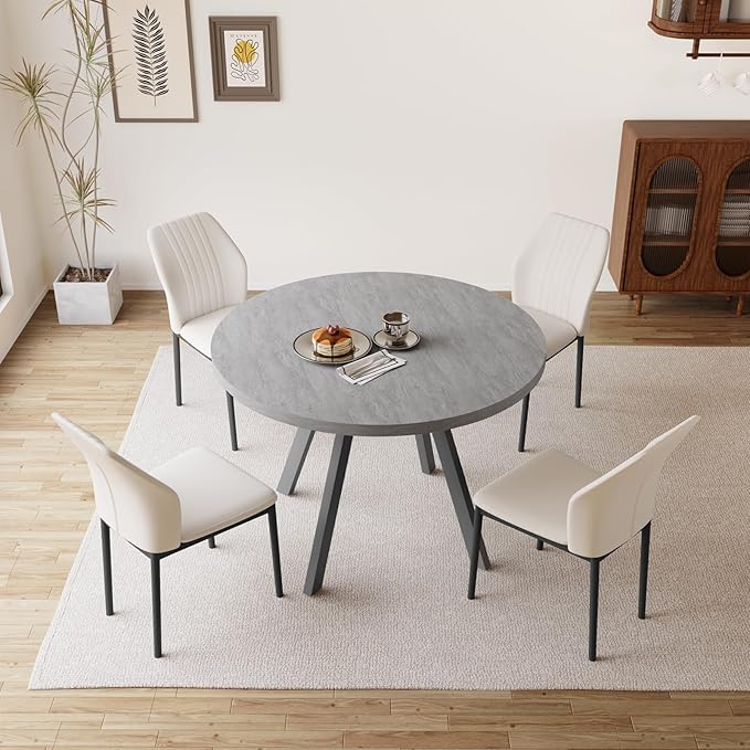 34.6'' Round Dining Table and Chairs for 4, Mid Century Modern Round Table Set, Space Saving for Apartment Kitchen Dining Room (Grey Table+4 White Chairs)