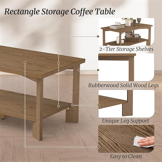 Rectangle Coffee Table, 39" Rectangle Rustic Modern Tea Table, Sofa Table with 2-Tier Storage Shelf for Living Room,Dark Wood