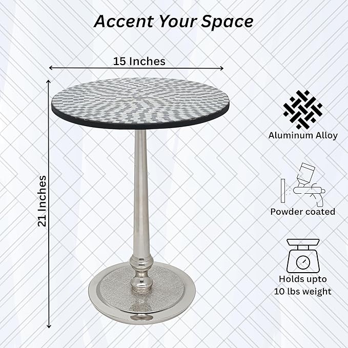 CLEENTABLE Mosaic Coffee Table Stylish Round End Table for Sofa, Living Room, or Bedroom - Elegant Modern Accent Table Decorative Small Side Table with Sturdy Design (Black & Silver)