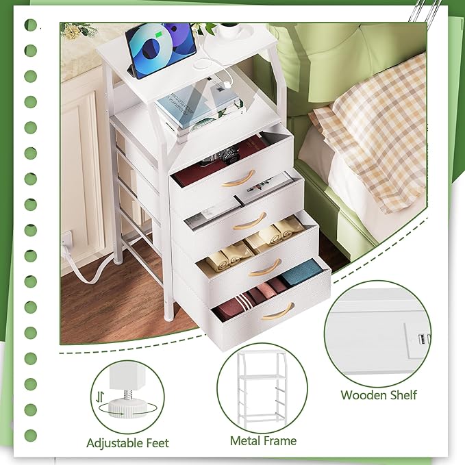 Furnulem Night Stand with Charging Station, Dresser with PVC & Fabric Drawers, 33.3 Inch Side Table with Open Shelf, Tall Bedside Table for Closet, Entryway, Bedroom Furniture, 3 Ways to Use, White