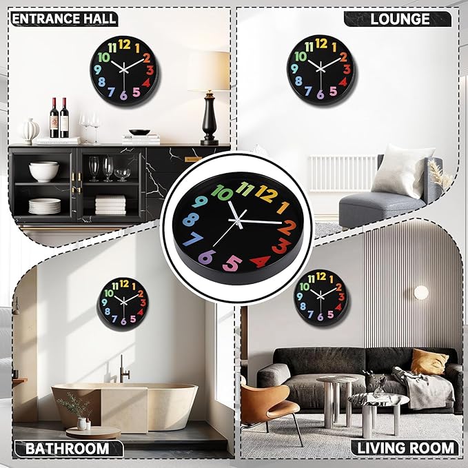 12 Inch Wall Clock for Kids Non Ticking Battery Operated Toddler Teaching Clock Silent Colorful Time Decorative Round Clock for Bedroom, Nursery Room, School, Home/Black