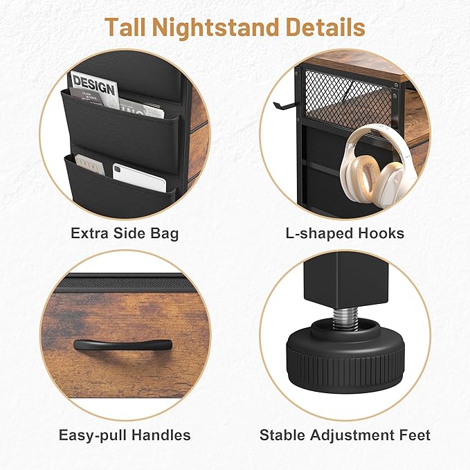 EnHomee Tall Night Stand with 5 Drawers, LED Nightstand with Ports & Outlets, Bedside Table with Extra Side Bag & Storage Shelf & Hooks, Bedroom, Dorm, Closet