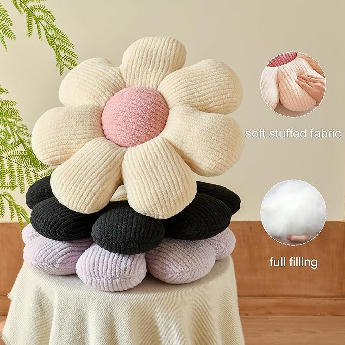 Xuyier Flower Shaped Throw Pillow,Soft Daisy Pillow with Decorative Pillows for Bed Couch Chair Floor, Flower Plush Pillows for Living Room Bed Room Seat Cushion(19.6" Black)