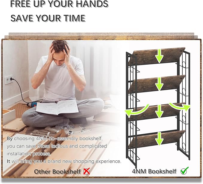 4NM No Assembly 4 Tiers Folding Bookshelf, 47.2" H Foldable Storage Shelves Vintage Bookcase Standing Racks Study Organizer Home Office - Rustic Brown Black