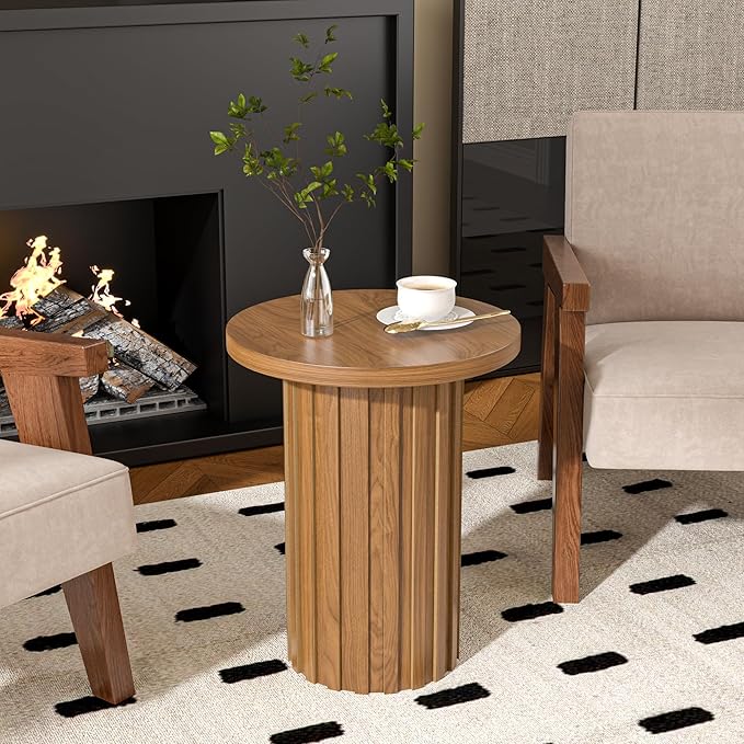 Farmhouse Pedestal End Table Round Side Table with Fluted Panel Rustic Drink Table for Small Space Living Room (Walnut)