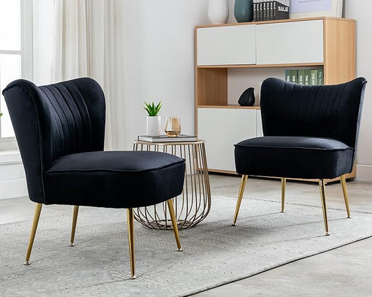 Velvet Accent Chair Set of 2 Comfy Living Room Chair Armless Slipper Chair Mid Century Side Single Sofa Chair with Golden Legs Wingback for Bedroom Guest Room, Black