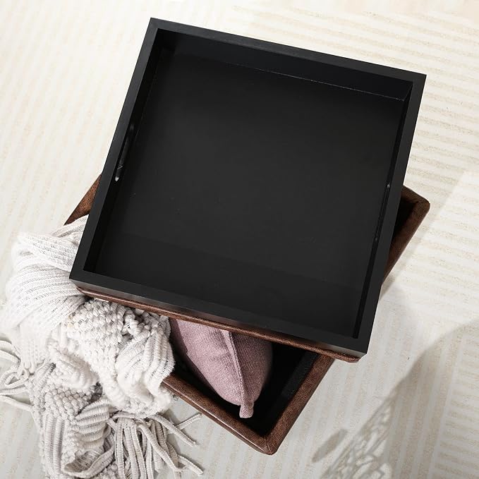 Adeco 17" Storage Ottoman Cube with Tray Lid, Small Footstool with Storage, Square End Table for Living Room & Bedroom