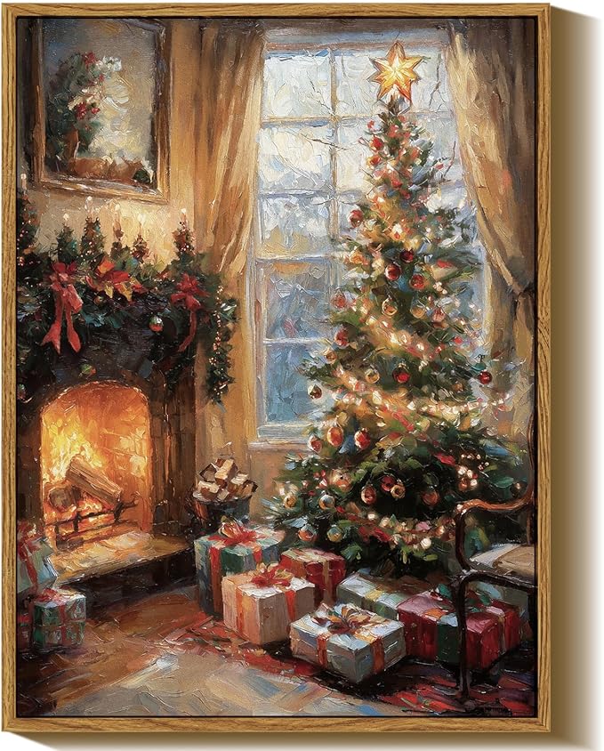 InSimSea Framed Canvas Wall Art, Vintage Christmas Tree Decor, Living Room Pine Tree Decorations, Winter Cottagecore Decor for Bedroom Bathroom, Xmas Holiday Decorations Gifts, 12x16 Inch