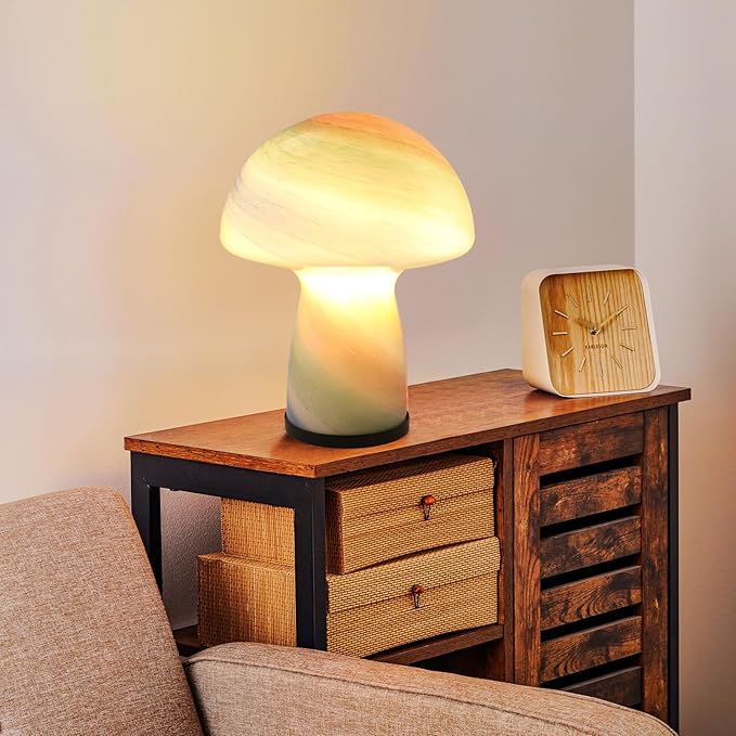 Dimmable Mushroom lamp,Glass Mushroom Bedside Table Lamp Translucent Vintage Style Small Nightstand Desklamp Light for Home Decor, Dining, Living, Bedroom, Gift.（Rainbow Color）
