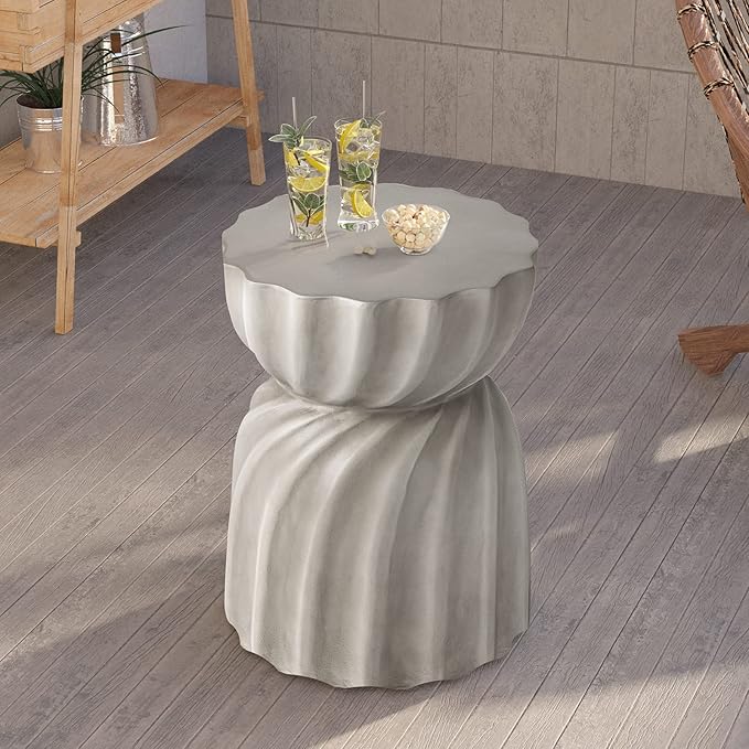 HOMPUS Unique Outdoor Concrete Side Table, Garden Stool, Round Patio MgO End Table, Lightweight Small Accent Table for Indoor Outdoor Use, Patio, Garden, Backyard, Natural Grey