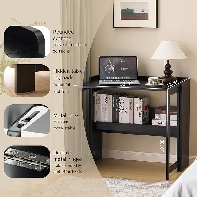 Folding Table with Storage Shelf,32.7 Inch Foldable Computer Desk for Small Spaces,Small Writing Desk for Bedroom Home Office Dorm and Apartment (Black)