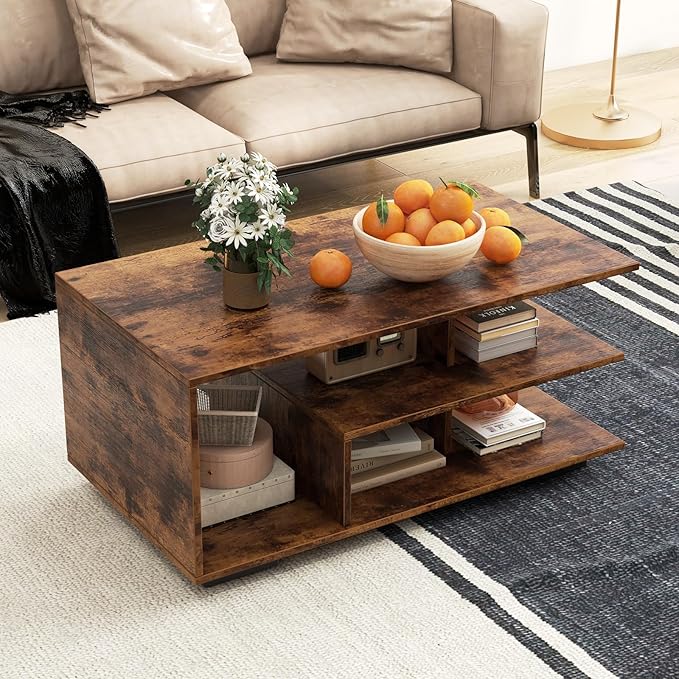 COSTWAY Mid Century Modern Coffee Table with Storage Shelves, 36 Inch 3-Tier Rectangular Wooden Tea Table, Accent Center Table for Living Room Apartment Reception, Rustic Brown