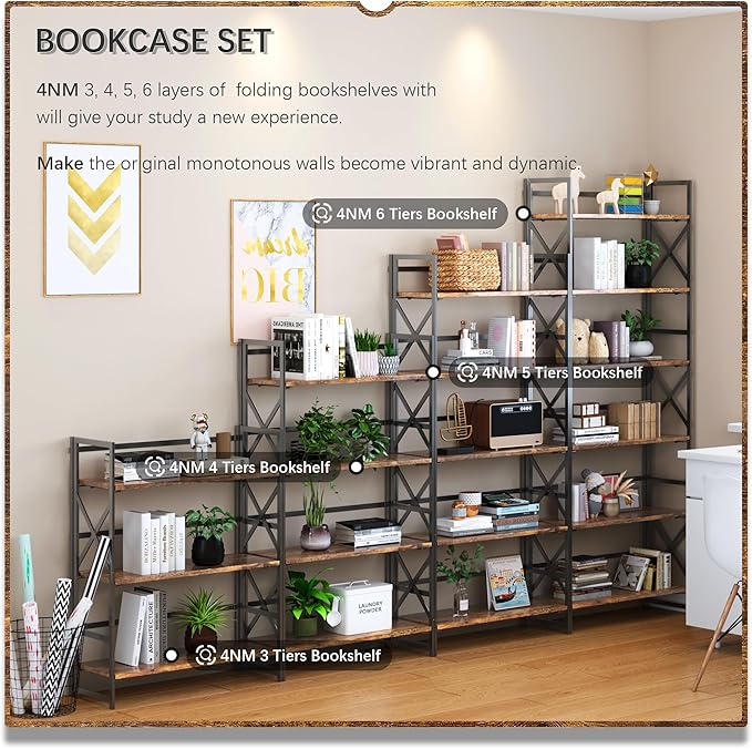 4NM 6 Tiers No Assembly Book Shelves, 61.8" H Folding Bookshelf Bookcase Open Industrial Foldable Shelves for Bedroom, Living Room, Home Office - Rustic Brown Black