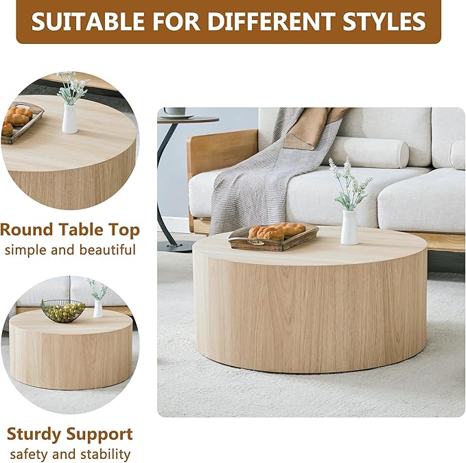 27.5" Round Wood Coffee Table, Modern Coffee Tables in Wood Finish for Living Room, Contemporary No Assembly Circle Wooden Center Cocktail Table for Bedroom, Reception Room