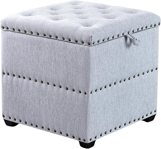 Adeco 18" Light Blue Square Storage Ottoman with Tray, Modern Cube Ottoman Coffee Table for Dorm, Upholstered Cube Footstools Coffee Table for Living Room