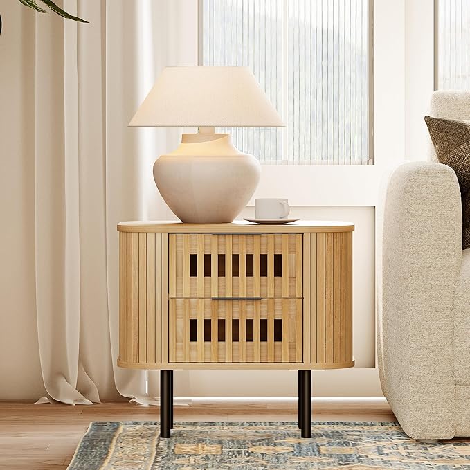 WAMPAT Fluted Nightstand, Modern Wooden End Table with 2 Drawer, Storage Bedside Table for Bedroom and Living Room, Oak