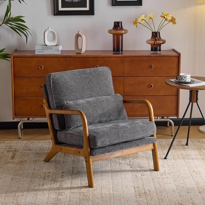 VINGLI Chenille Mid-Century Modern Accent Chair, Cute Reading Arm Chair with Cushion & Lumbar Pillow & Solid Wood Frame for Lounge, Living Room, Reading Room, Bedroom, Dark-Gray