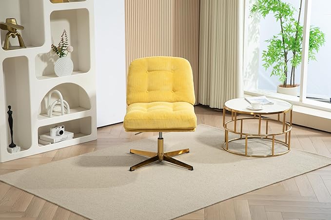 ZOBIDO Modern Accent Corduroy Chairs Comfy Upholstered Vanity Chairs for Bedroom Armchair Dining Chairs with Golden Metal Legs Desk Chair for Living Room(Yellow